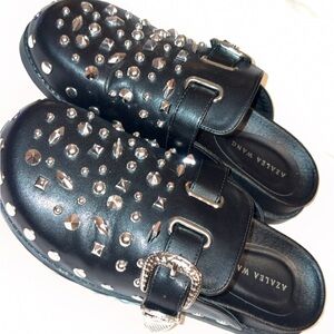 Black Studded Leather Slide Mules